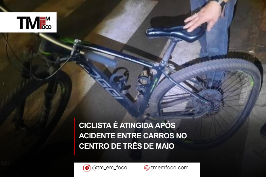 Ciclista fica ferida após colisão entre dois carros no centro de Três de Maio