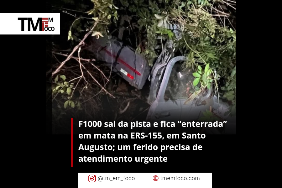 F1000 sai da pista e fica “enterrada” em mata na ERS-155, em Santo Augusto; um ferido precisa de atendimento urgente