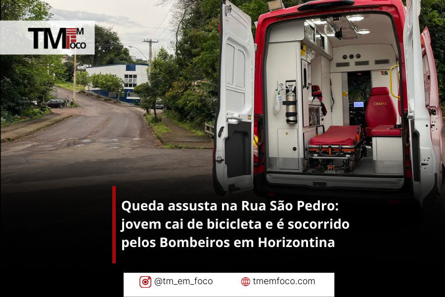 Queda assusta na Rua São Pedro: jovem cai de bicicleta e é socorrido pelos Bombeiros em Horizontina