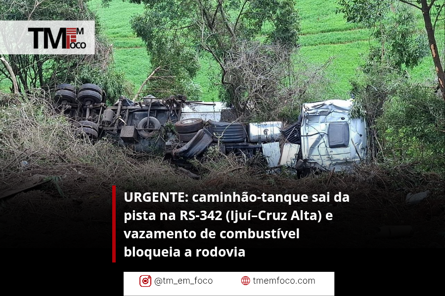 URGENTE: caminhão-tanque sai da pista na RS-342 (Ijuí–Cruz Alta) e vazamento de combustível bloqueia a rodovia